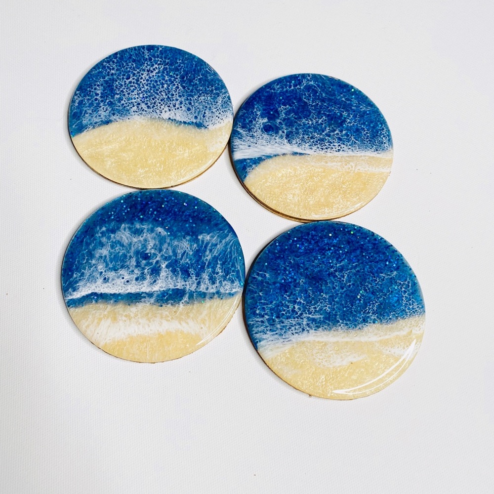Resin Ocean Art Coaster Set Glitter Beach Decor